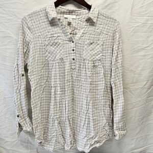 Motherhood Maternity Shirt Womens Large Gray Gingham Plaid Roll Tab Button Down